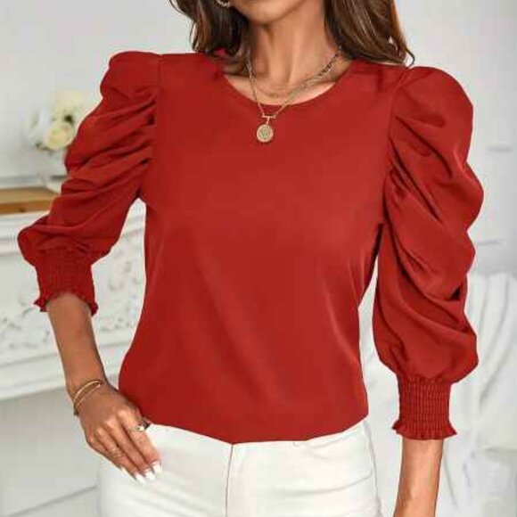 NEW WOMENS BLOUSE RED PUFF SLEEVE - Picture 1 of 2